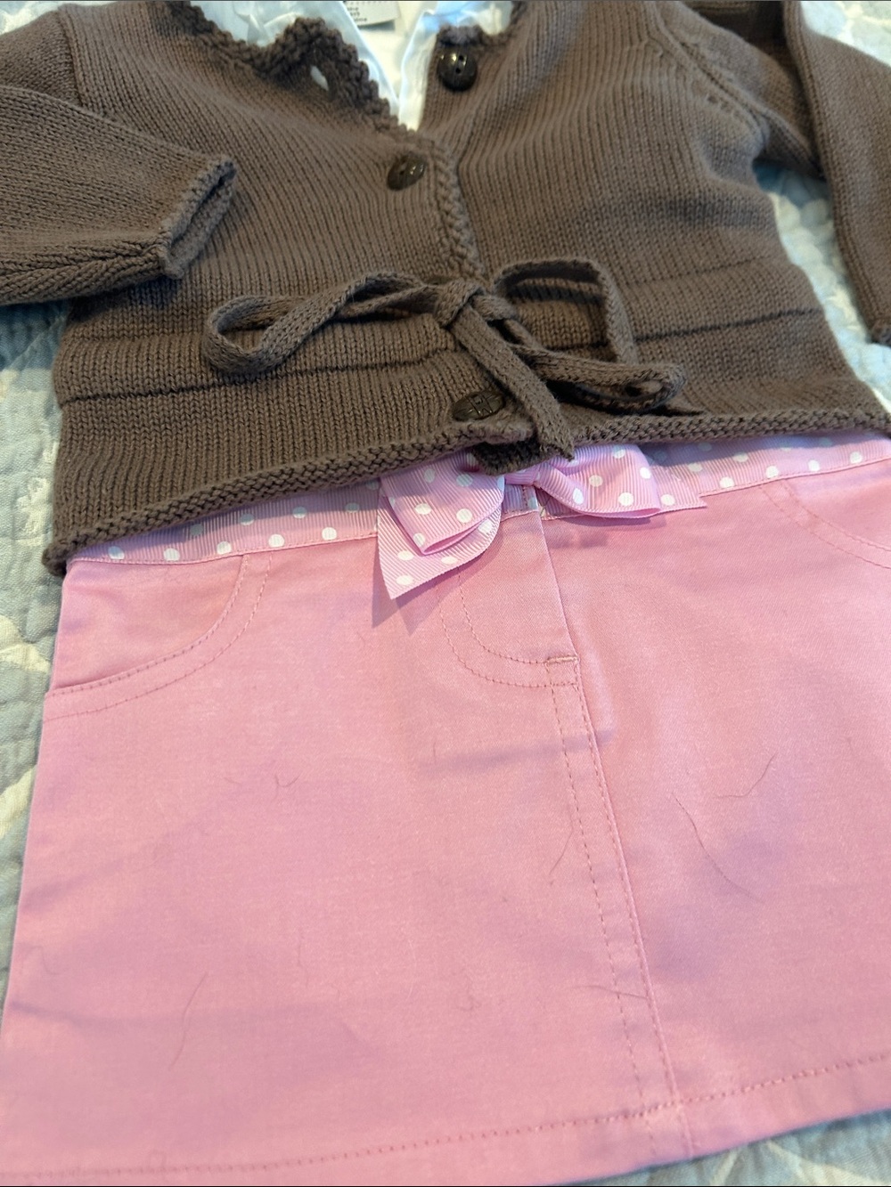 Adorable Brown Knit Cardigan with Pink Skirt Set - Picture 3 of 8